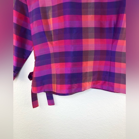 CLIO Vintage Retro 100% Silk Tartan Wrap Top Purple, Pink Size: Small - Picture 7 of 10
